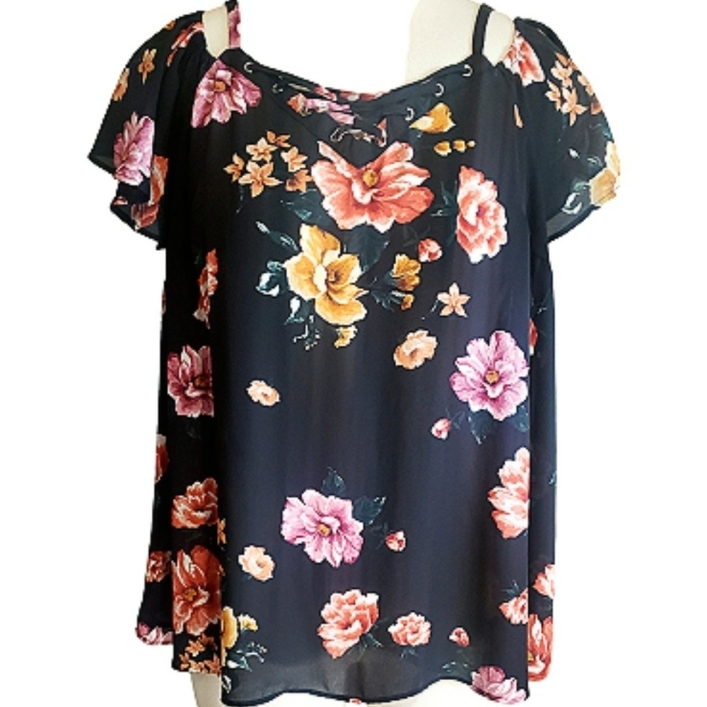 Torrid Multicolor Cold Shoulder Top Floral Plus Size 1 Blouse Casual Womens Boho